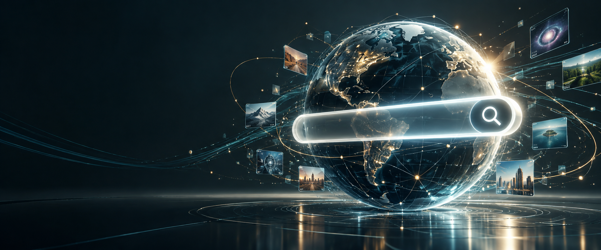 Luminous global search interface with connected web knowledge nodes